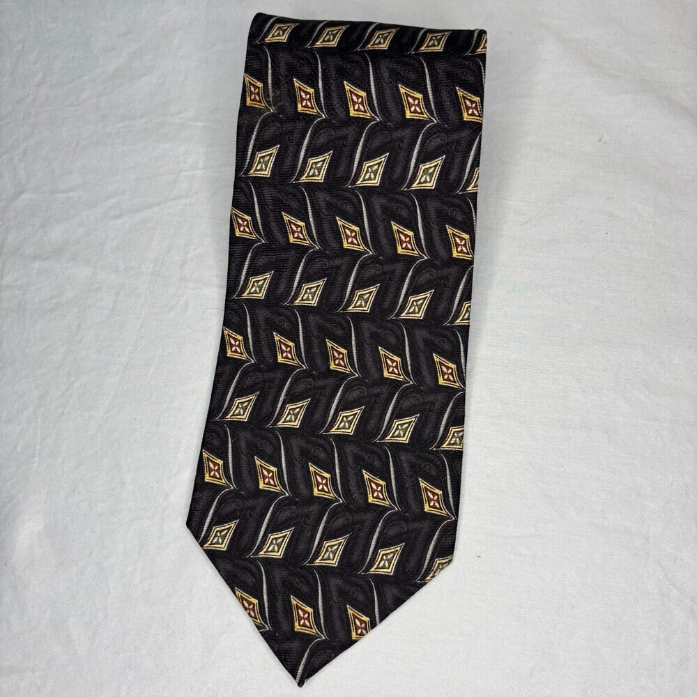 BG&C 100% Silk Hand Sewn Mens Tie Black Gray Gold Geometric Classic Made in USA
